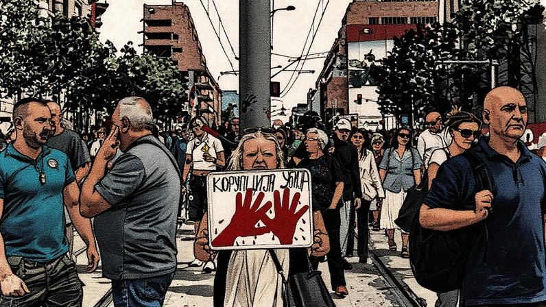 Mulher segura um cartaz com a inscrição "A corrupção mata" enquanto milhares de manifestantes marcham pelo centro de Belgrado (Foto: Reprodução)