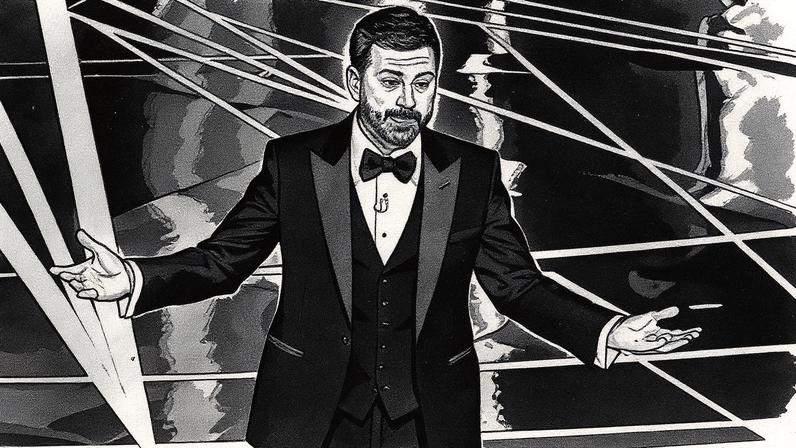 Jimmy Kimmel apresenta o Oscar 2017 em um palco com iluminação e decoração temática (Foto: Reprodução)