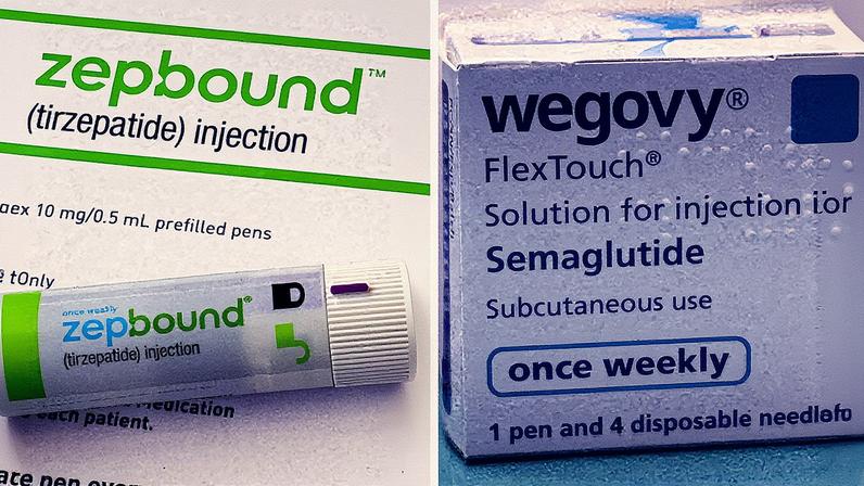 Montagem com uma injeção de Zepbound e uma caixa de Wegovy, medicamentos para perda de peso (Foto: Reprodução)