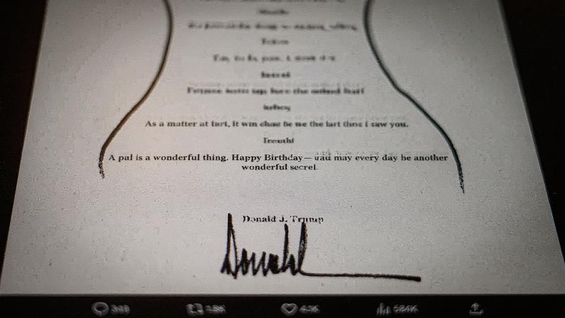 Bilhete de aniversário sexualmente sugestivo para Jeffrey Epstein, supostamente assinado pelo presidente Donald Trump, com alusão a um "segredo maravilhoso" (Foto: Reprodução)