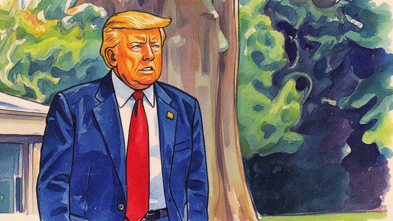 Donald Trump em uma conferência, falando ao microfone com um fundo de bandeiras dos Estados Unidos (Foto: Reprodução)