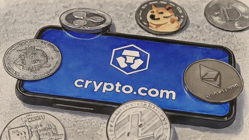 Logo da Crypto.com exibido na tela de um celular com representações de criptomoedas (Foto: Reprodução)