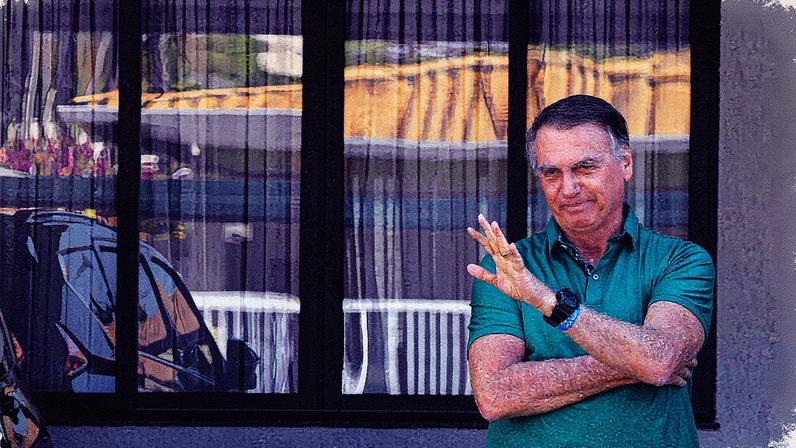 Ex-presidente brasileiro Jair Bolsonaro acena em sua residência em Brasília no dia do julgamento que resultou em sua condenação a 27 anos e 3 meses de prisão (Foto: Reprodução)