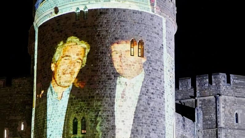 Ativistas projetaram imagens de Donald Trump e Jeffrey Epstein em uma torre do castelo de Windsor (Foto: Reprodução)