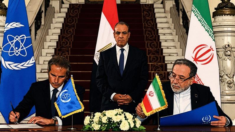 Ministro das Relações Exteriores do Irã, Abbas Araghchi, e Diretor-Geral da Agência Internacional de Energia Atômica, Rafael Grossi, assinam protocolo sobre inspeções nucleares no Cairo (Foto: Reprodução)