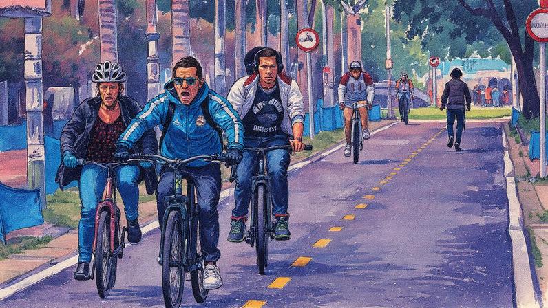 Trânsito em uma ciclorruta em Bogotá, com ciclistas e veículos em movimento (Foto: Reprodução)