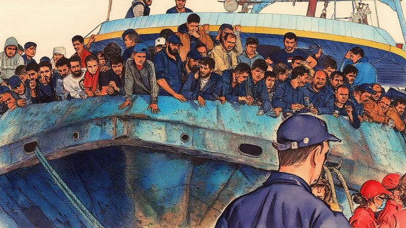 Barco de imigrantes navega pelo Mediterrâneo, com muitos a bordo (Foto: Reprodução)