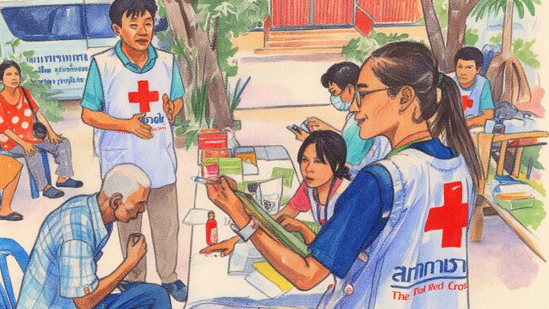 Membros da Sociedade da Cruz Vermelha da Tailândia atendem pacientes em um centro de evacuação na província de Ubon Ratchathani, em 5 de agosto (Foto: Reprodução)