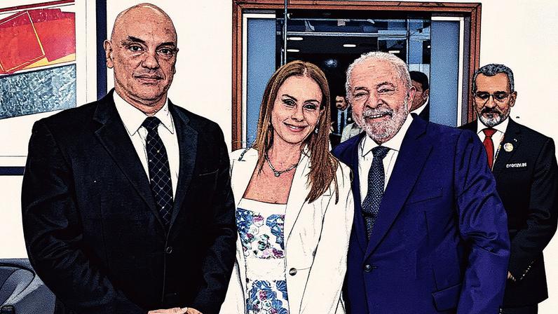 Ministro Alexandre de Moraes e sua esposa, Viviane Barci de Moraes, posam ao lado do presidente Lula (Foto: Reprodução)