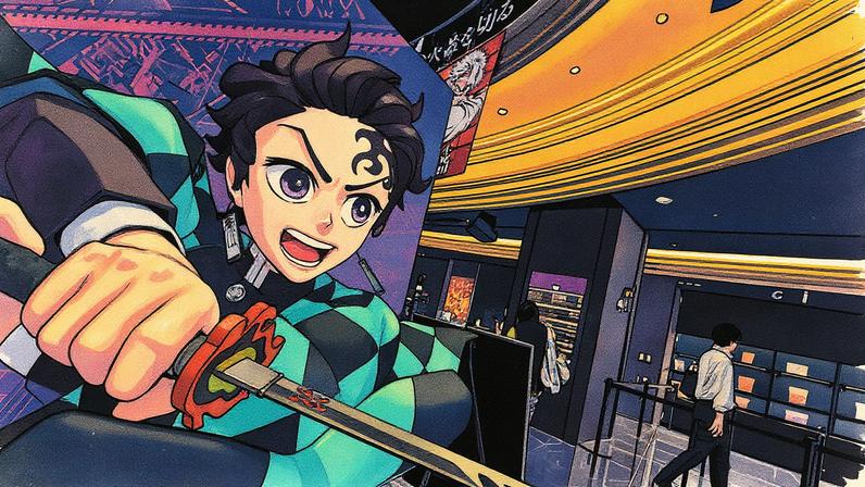 Estátua do jovem espadachim Tanjiro Kamado, personagem principal do filme de anime 'Demon Slayer', em exibição nos cinemas (Foto: Reprodução)