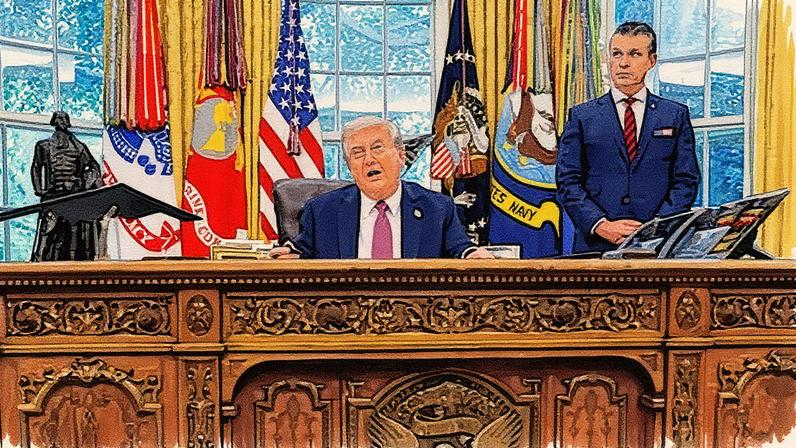 Trump, no Despacho Oval, com Pete Hegseth, secretário de Defesa, em 5 de setembro (Foto: Reprodução)