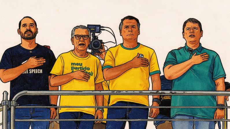 Eduardo Bolsonaro, Silas Malafaia, Jair Bolsonaro e Tarcísio de Freitas participam de manifestação contra o ministro Alexandre de Moraes na Avenida Paulista em 2024 (Foto: Reprodução)