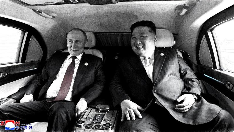 Presidente da Rússia, Vladimir Putin, e ditador norte-coreano, Kim Jong-un, passeiam em uma limusine Aurus Senat (Foto: Reprodução)