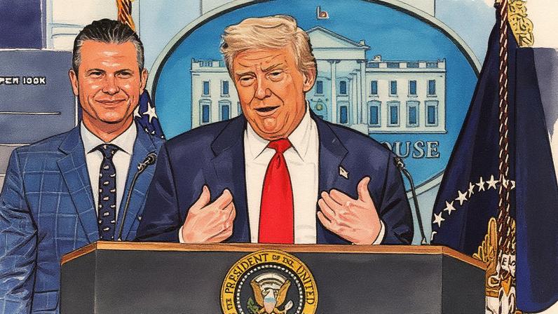 Presidente dos Estados Unidos, Donald Trump, e seu secretário de Defesa, Pete Hegseth, durante uma roda de prensa em agosto (Foto: Reprodução)