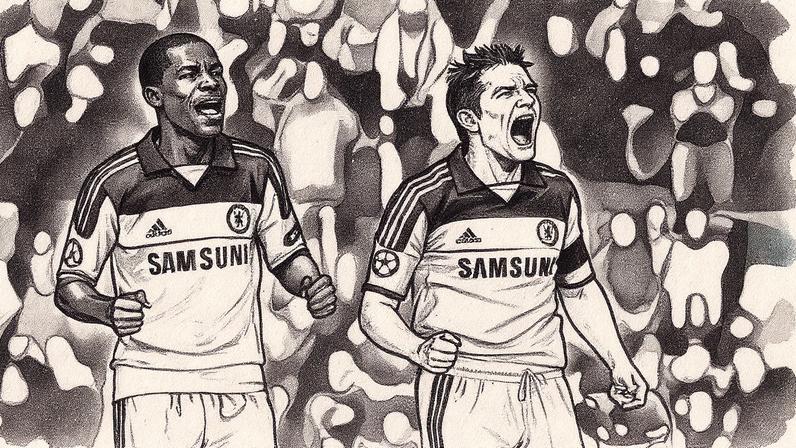 Ramires e Lampard comemoram um gol do Chelsea durante partida contra o Barcelona em 2012 (Foto: Reprodução)