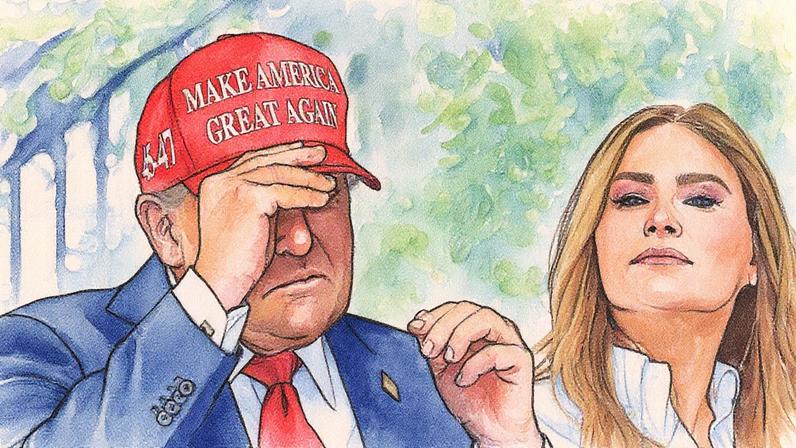 A primeira-dama observa enquanto o Presidente dos EUA coloca seu chapéu MAGA antes de cumprimentar pessoas no Gramado Sul da Casa Branca (Foto: Reprodução)