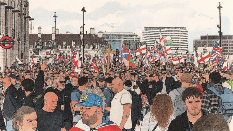 Apoiadores de Tommy Robinson marcham pelo centro de Londres agitando bandeiras da União, da cruz de São Jorge e bandeiras galesas durante evento pela 'Liberdade de expressão' (Foto: Reprodução)