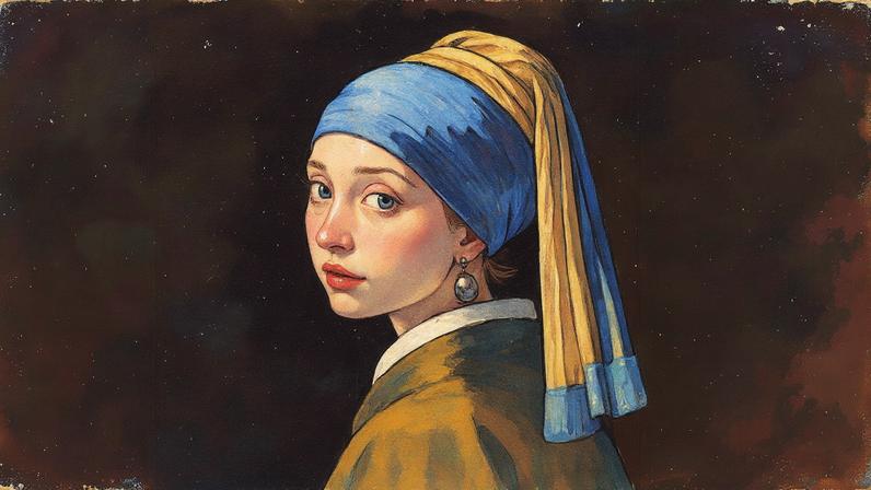 Retrato de uma jovem com um brinco de pérola, usando um turbante azul e amarelo, com um fundo escuro (Foto: Reprodução)