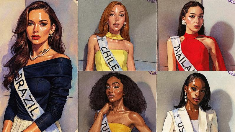 Candidatas do Miss International Queen 2025: Brasil, Chile, Tailândia, Estados Unidos e Turquia dispostas em círculo (Foto: Reprodução)