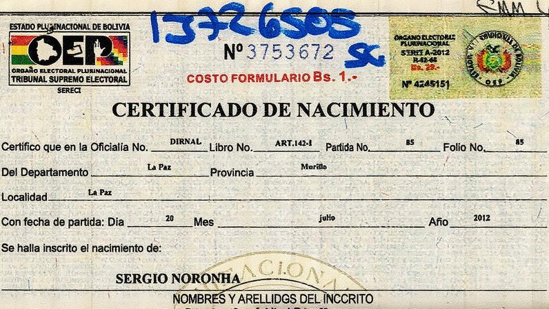 Certidão de nascimento falsa apresentada às autoridades bolivianas (Foto: Reprodução)