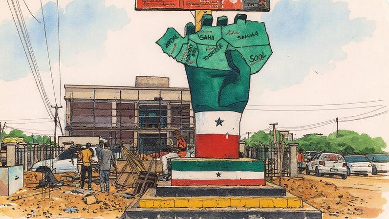 Pessoas estão ao lado do Monumento da Independência da Somalilândia, que representa uma mão segurando um mapa do país, na cidade de Hargeisa (Foto: Reprodução)