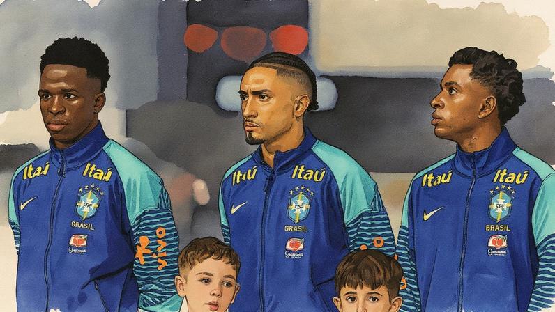 Três jogadores brasileiros, Vini Jr, Raphinha e Rodrygo, posam juntos em um ambiente relacionado ao futebol (Foto: Reprodução)
