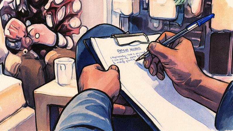 Homem segura prancheta e caneta, anotando, com outro homem desfocado ao fundo (Foto: Reprodução)