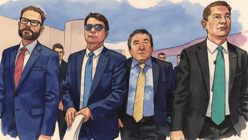 Senadores Jorge Seif, Flávio Bolsonaro e Magno Malto, acompanhados do líder do PL na Câmara, Sóstenes Cavalcante, a caminho de coletiva de imprensa no Senado (Foto: Reprodução)