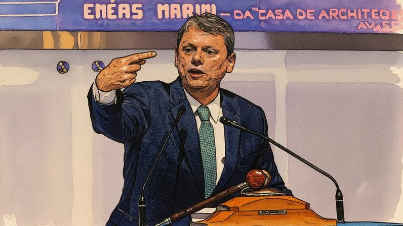 Governador de São Paulo, Tarcísio de Freitas, participa do leilão do primeiro túnel imerso do Brasil, que conectará Santos e Guarujá (Foto: Reprodução)