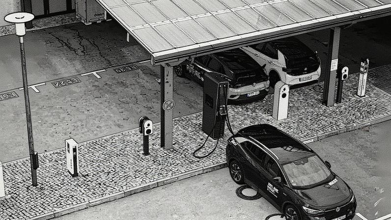 Vários carros elétricos estão carregando em um estacionamento coberto por painéis solares em Berlim (Foto: Reprodução)