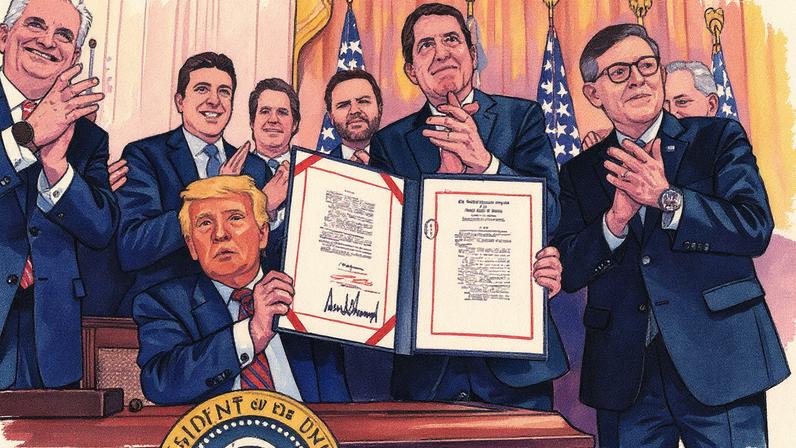 Donald Trump assina a lei sobre stablecoins na Casa Branca em julho (Foto: Reprodução)