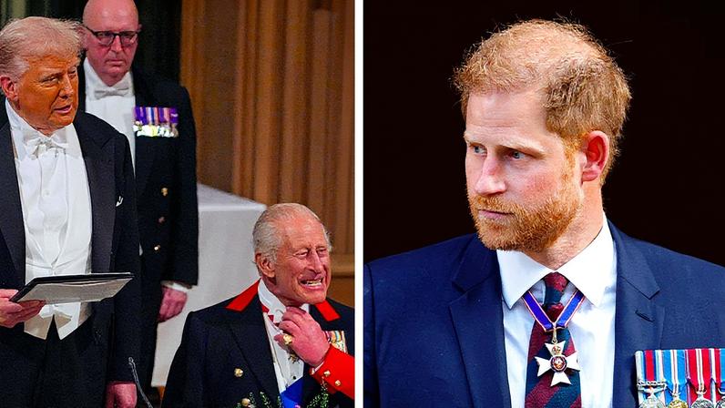 Donald Trump e Charles III posam juntos no Palácio de Windsor em 17 de setembro; o Príncipe Harry também está presente (Foto: Reprodução)