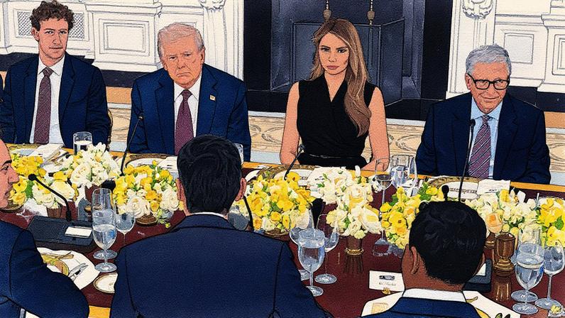 Mark Zuckerberg, Bill Gates, Donald Trump e Melania Trump durante jantar na Casa Branca (Foto: Reprodução)
