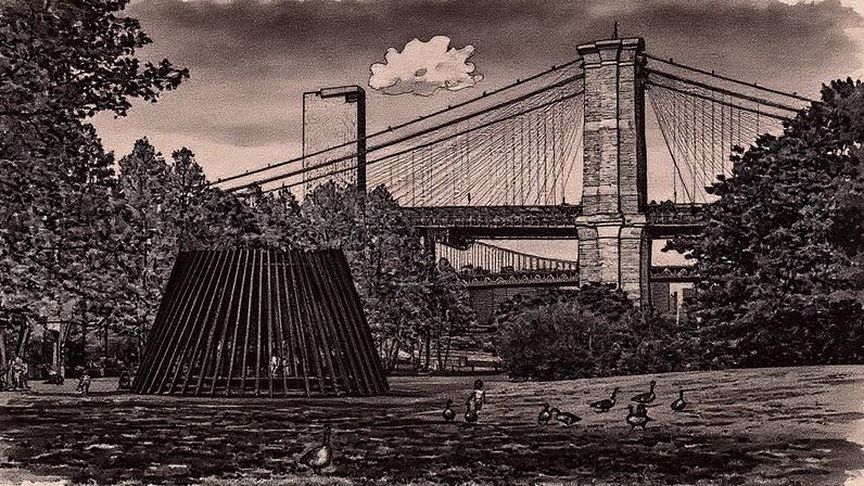 Pavilhão escultural Akua de Torkwase Dyson em Brooklyn Bridge Park, com forma semelhante a um navio e instalação sonora multilayer (Foto: Reprodução)