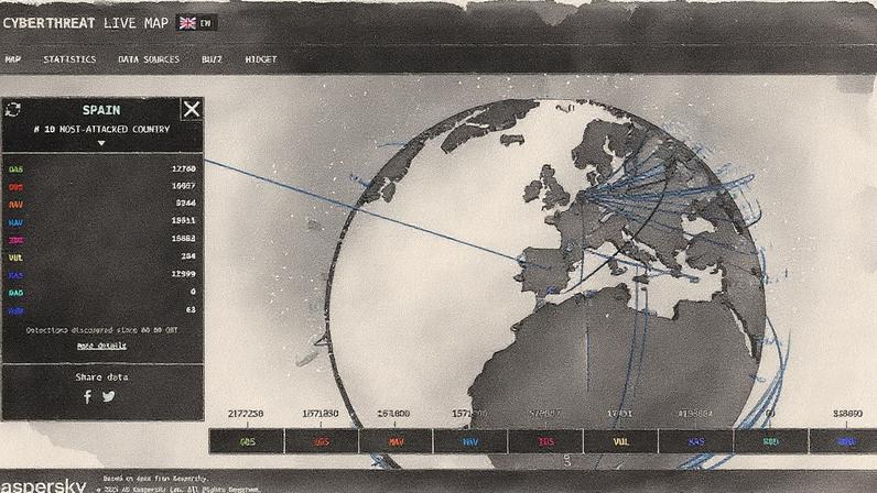 Sistema de Kaspersky exibe monitoramento de ameaças em tempo real, com destaque para a Espanha entre os países mais ameaçados (Foto: Reprodução)