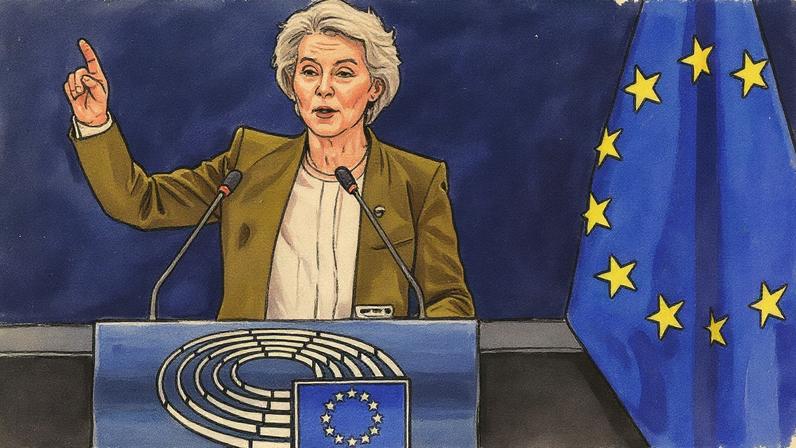 Ursula Von der Leyen, presidenta da Comissão Europeia, durante discurso na Eurocâmara (Foto: Reprodução)
