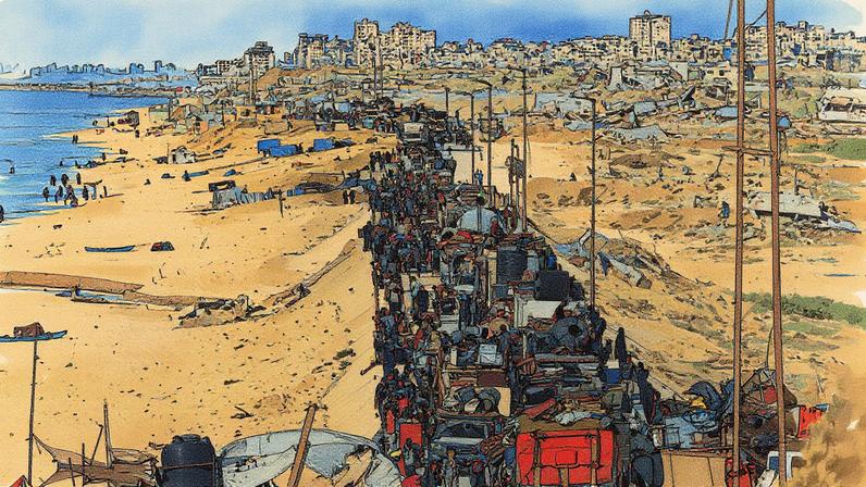 Palestinos deslocados transportam seus pertences para o campo de refugiados de Nuseirat, na Cidade de Gaza (Foto: Reprodução)