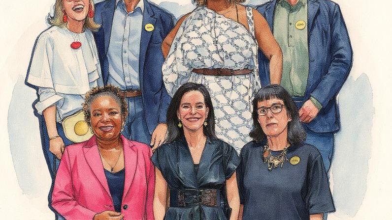 Grupo de curadores e consultores posam juntos, com três mulheres e três homens, em um ambiente interno (Foto: Reprodução)