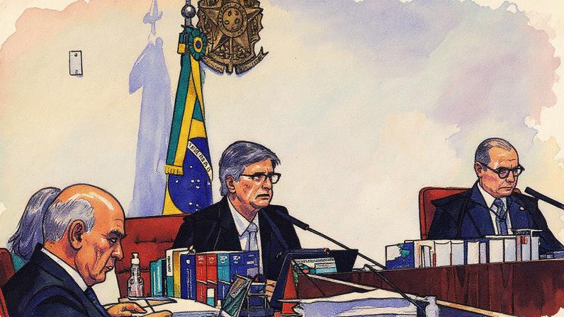 Alexandre de Moraes, Paulo Gonet e Cristiano Zanin participam de sessão de julgamento com outros sete investigados (Foto: Reprodução)