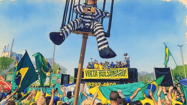 Boneco de Alexandre de Moraes é exibido durante ato bolsonarista em Brasília (Foto: Reprodução)