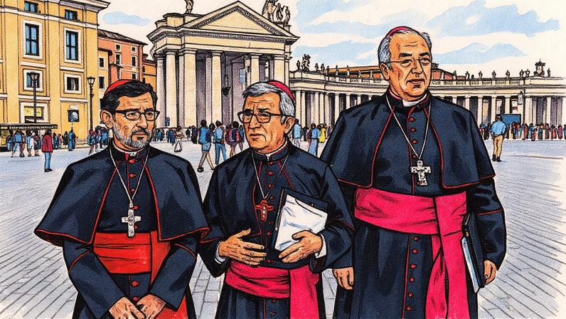 A cúpula da Conferência Episcopal Española, composta pelo presidente Luis Argüello, o vice-presidente José Cobo e o secretário geral Francisco César García Magán, posa em frente à Basílica de San Pedro, no Vaticano, após audiência privada com o papa Francisco (Foto: Reprodução)