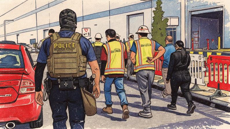 Trabalhadores da Hyundai são acompanhados por policiais do ICE ao serem retirados da fábrica na Geórgia (Foto: Reprodução)