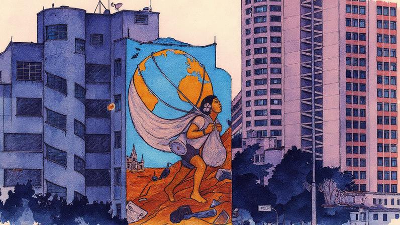 Mural 'O Mito da Reciclagem' feito com tintas produzidas a partir de cinzas de floresta queimada (Foto: Reprodução)