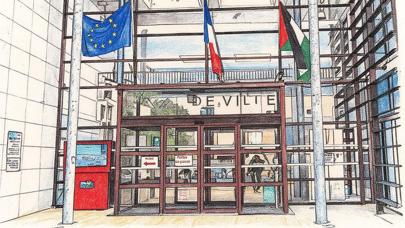Bandeira palestina hasteada ao lado das bandeiras europeia e francesa na prefeitura de Tarnos, na França (Foto: Reprodução)