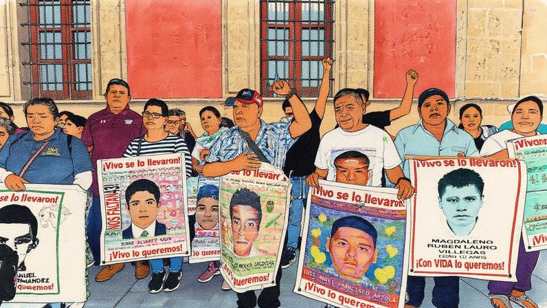 Familiares dos 43 normalistas desaparecidos de Ayotzinapa se reúnem em protesto na Cidade do México, em 2024 (Foto: Reprodução)