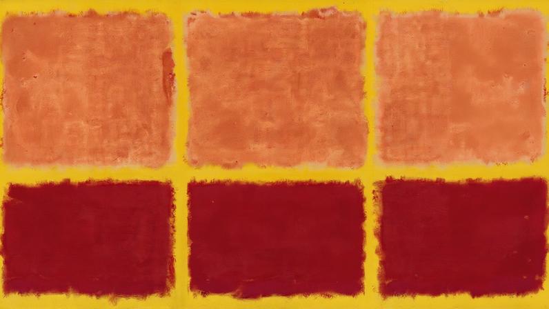 Pintura abstrata com grandes blocos de cor, predominando tons de amarelo e laranja, com uma faixa amarela vertical no centro (Foto: Reprodução)
