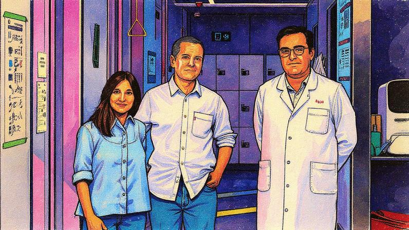 Pesquisador em laboratório do Pediatric Cancer Center de Barcelona, ao lado de pais de uma criança que faleceu devido a um tumor cerebral (Foto: Reprodução)