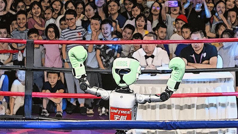 Robô humanoide da Unitree Robotics após uma luta de boxe durante a World Smart Industry Expo 2025 no Centro Internacional de Exposições de Chongqing, China (Foto: Reprodução)