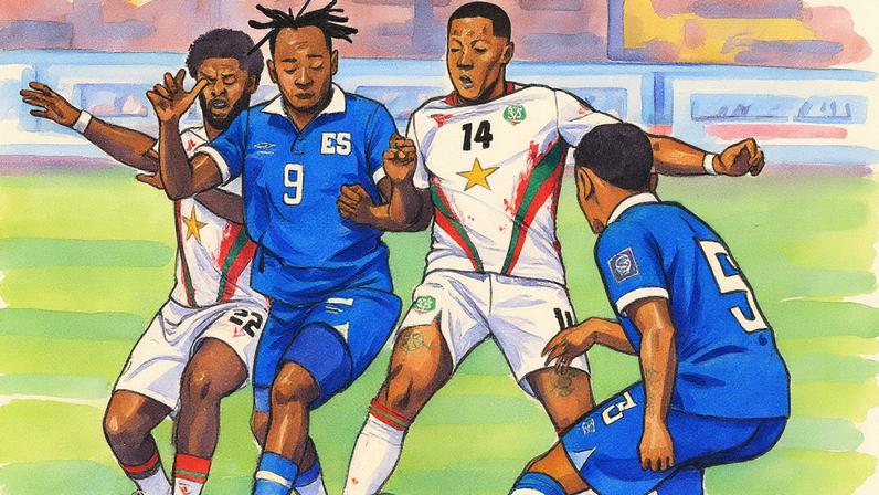 Jogadores do Suriname e de El Salvador disputam a bola durante partida pelas Eliminatórias da Copa (Foto: Reprodução)