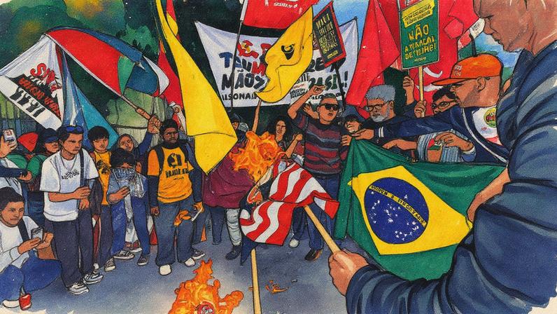 Manifestantes queimam bandeira dos EUA e uma foto de Donald Trump durante protesto contra tarifas americanas ao Brasil, próximo ao consulado americano, em São Paulo (Foto: Reprodução)